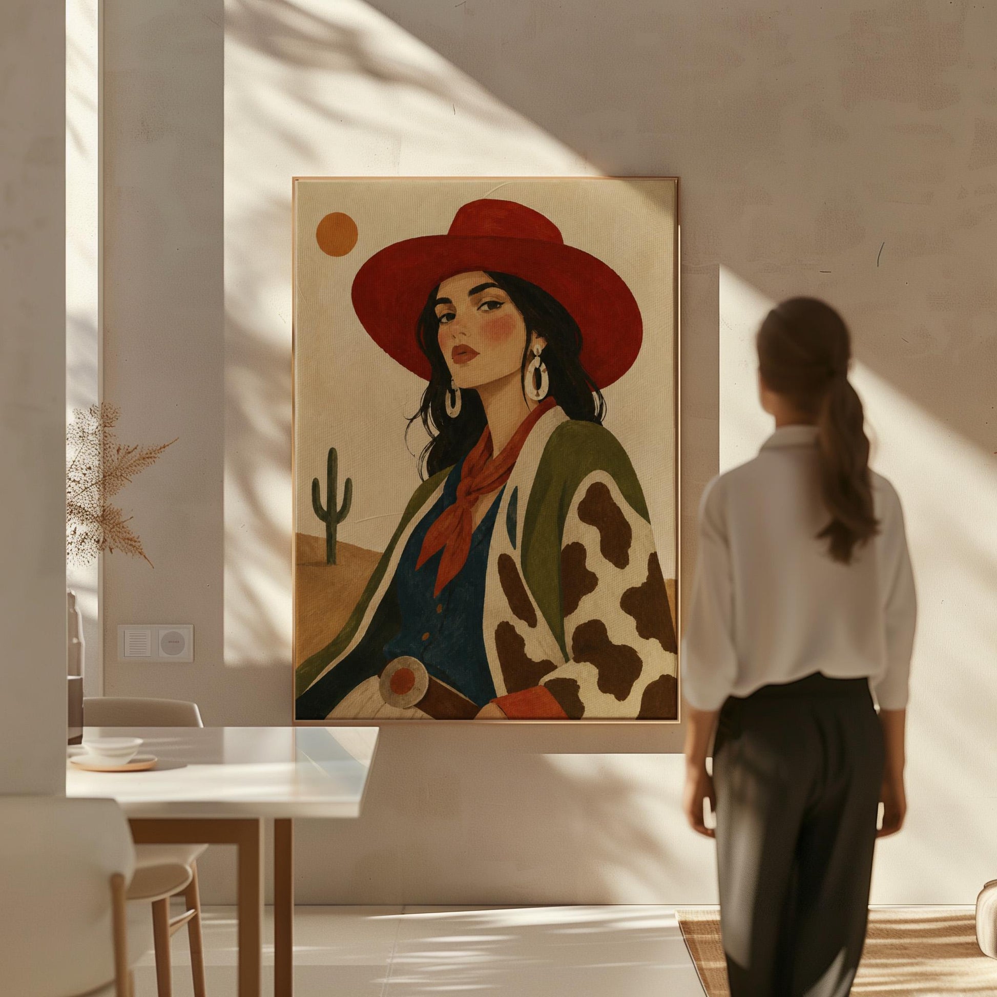 Dark-haired cowgirl in a red hat and cow-print jacket before a desert cactus, canvas wall art presented in a light, minimal room
