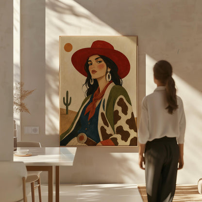 Dark-haired cowgirl in a red hat and cow-print jacket before a desert cactus, canvas wall art presented in a light, minimal room