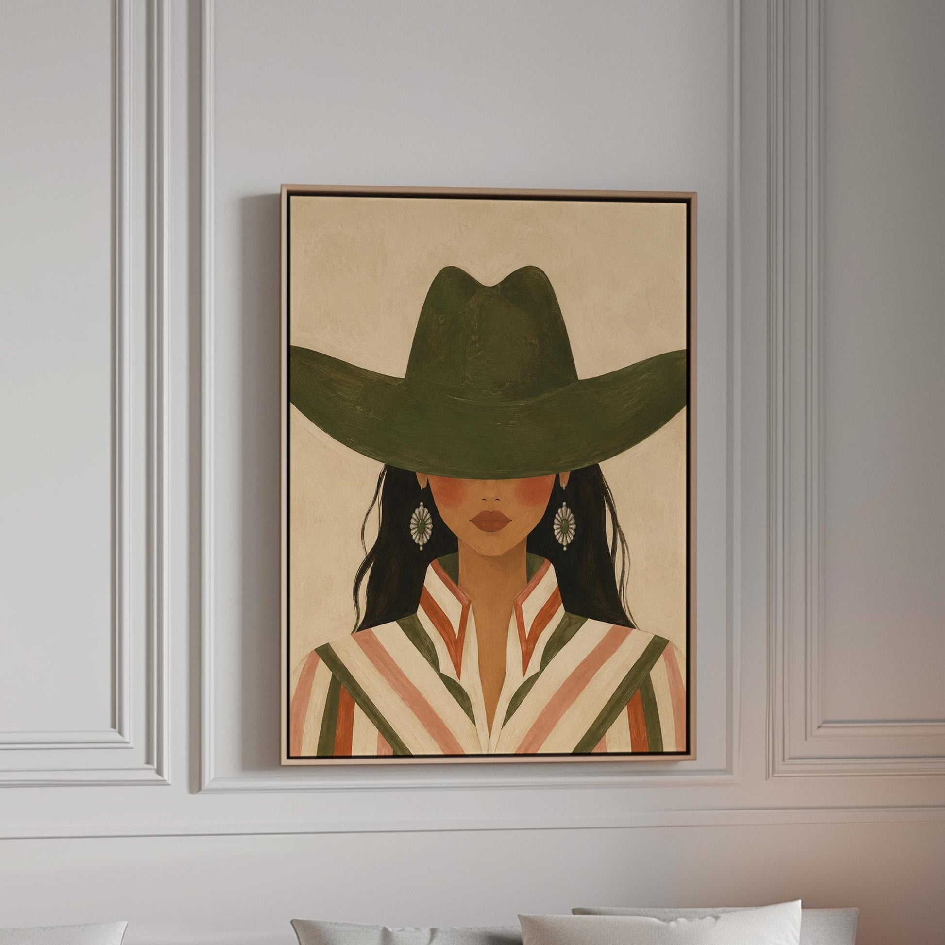 Cowgirl under a deep green hat with concho earrings and a striped western shirt, canvas print in a bright room with natural daylight