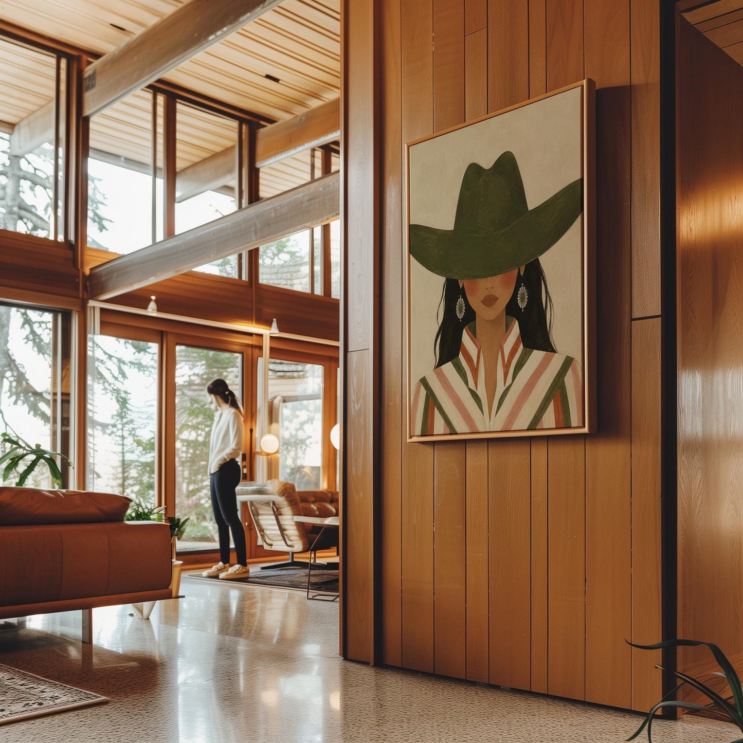 Cowgirl under a deep green hat with concho earrings and a striped western shirt, canvas print styled against a soft white wall