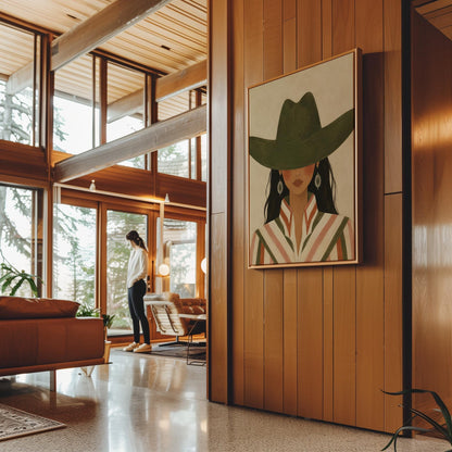Cowgirl under a deep green hat with concho earrings and a striped western shirt, canvas print styled against a soft white wall