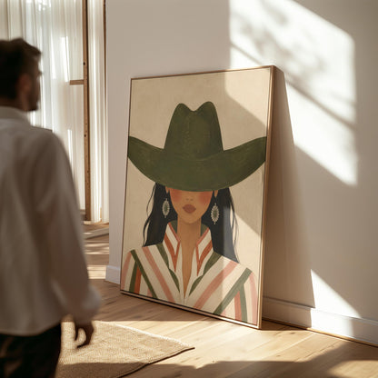 Cowgirl under a deep green hat with concho earrings and a striped western shirt, canvas wall art on a quiet wall in a considered interior