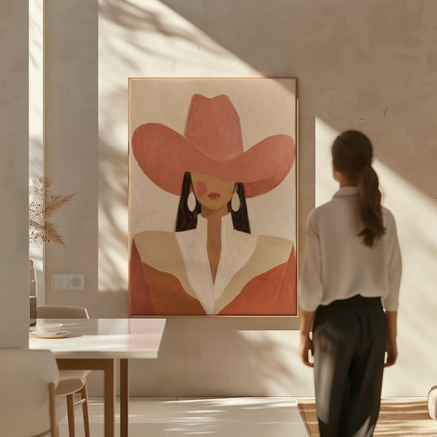 Minimal cowgirl in a coral hat and white collar with dark hair on cream, canvas print seen in a warm interior with natural light