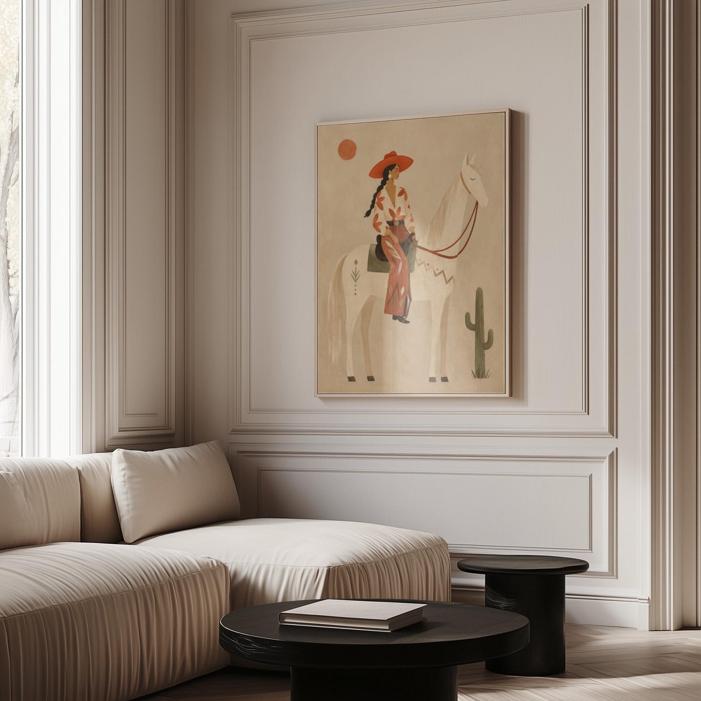 Cowgirl in a red hat sitting on a white horse beside a cactus in warm sand, canvas wall art hanging in a calm, modern living space