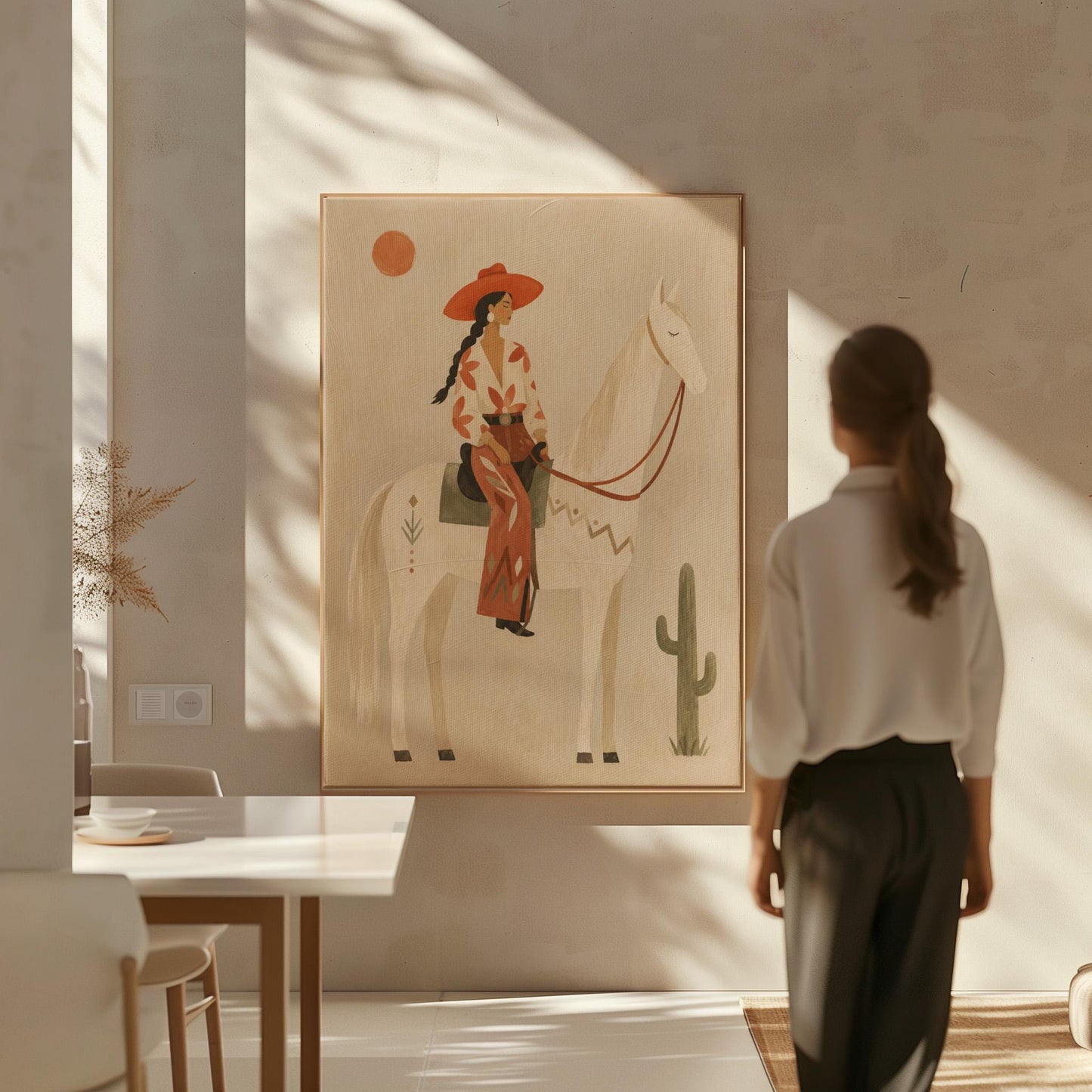Cowgirl in a red hat sitting on a white horse beside a cactus in warm sand, canvas wall art presented in a light, minimal room