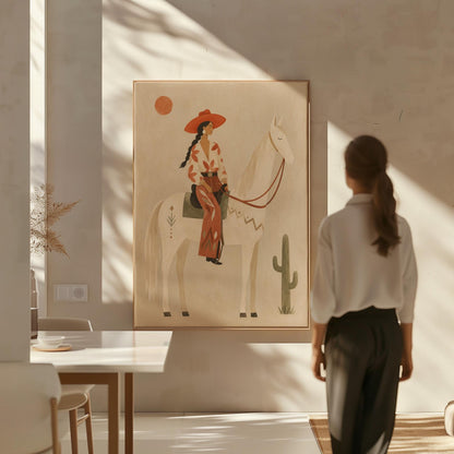 Cowgirl in a red hat sitting on a white horse beside a cactus in warm sand, canvas wall art presented in a light, minimal room