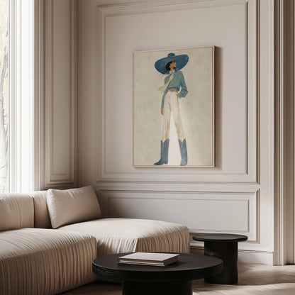 Full-figure cowgirl in a wide teal hat, blouse and boots with cream trousers, canvas print shown in a sunlit, contemporary room