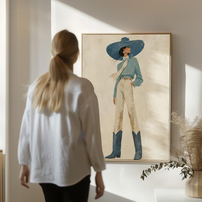 Full-figure cowgirl in a wide teal hat, blouse and boots with cream trousers, canvas print styled against a soft white wall