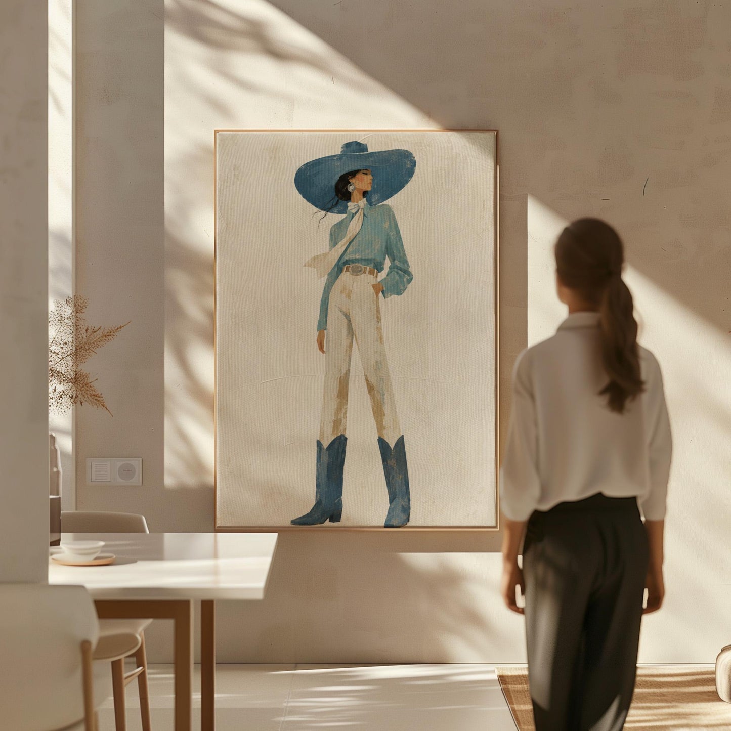 Full-figure cowgirl in a wide teal hat, blouse and boots with cream trousers, canvas wall art on a quiet wall in a considered interior