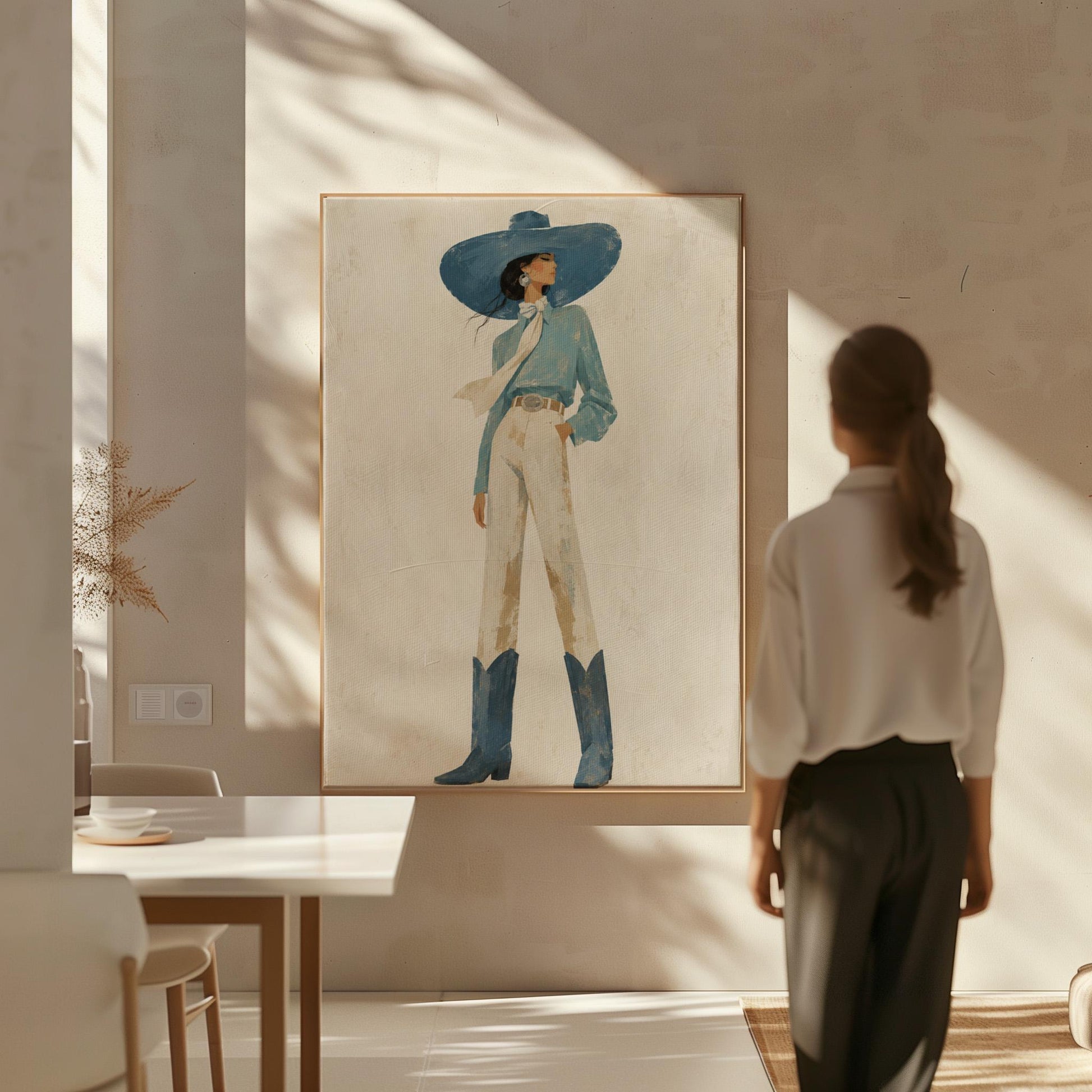 Full-figure cowgirl in a wide teal hat, blouse and boots with cream trousers, canvas wall art on a quiet wall in a considered interior