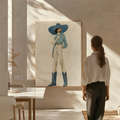 Full-figure cowgirl in a wide teal hat, blouse and boots with cream trousers, canvas wall art on a quiet wall in a considered interior