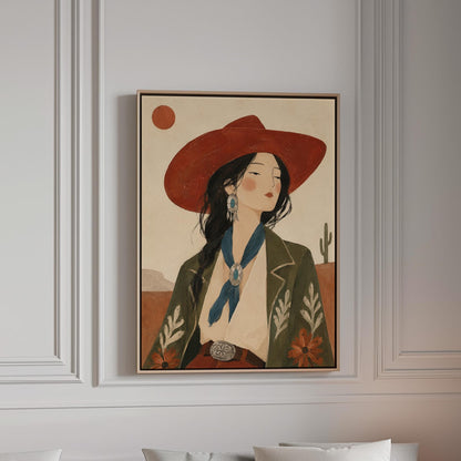 Cowgirl in a red hat and embroidered jacket with turquoise jewelry in the desert, canvas print in a bright room with natural daylight