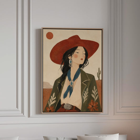 Cowgirl in a red hat and embroidered jacket with turquoise jewelry in the desert, canvas print in a bright room with natural daylight