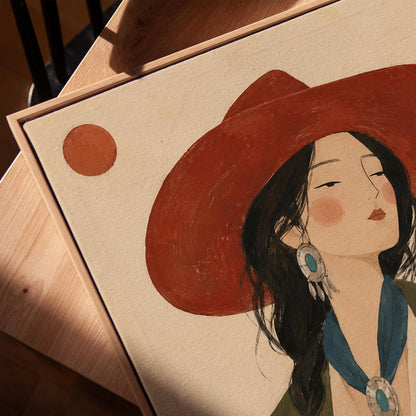 Cowgirl in a red hat and embroidered jacket with turquoise jewelry in the desert, canvas print in a warm, minimally styled interior