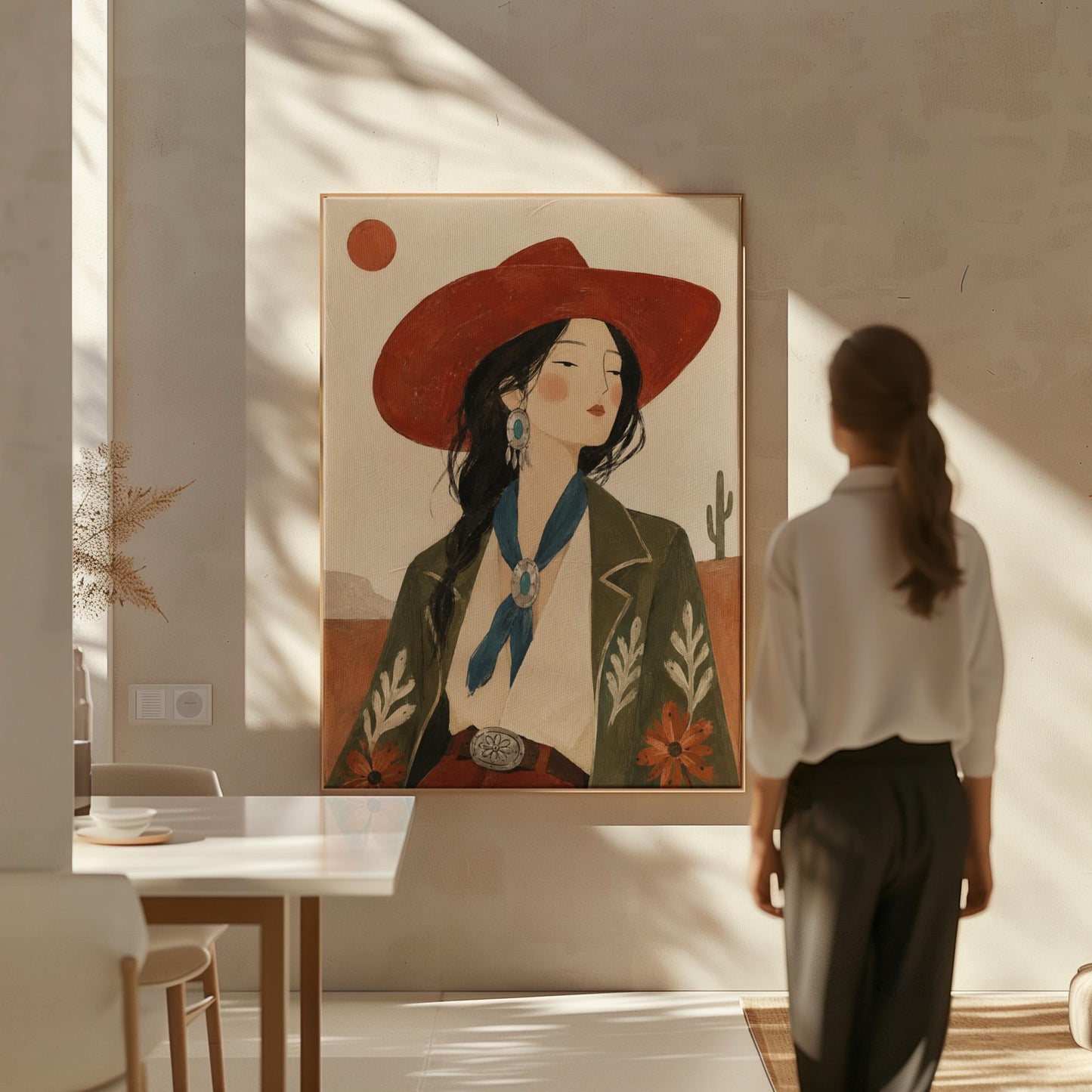 Cowgirl in a red hat and embroidered jacket with turquoise jewelry in the desert, canvas print styled against a soft white wall
