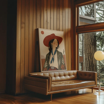 Cowgirl in a red hat and embroidered jacket with turquoise jewelry in the desert, canvas print seen in a warm interior with natural light