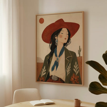Cowgirl in a red hat and embroidered jacket with turquoise jewelry in the desert, canvas print presented in a light, minimal room