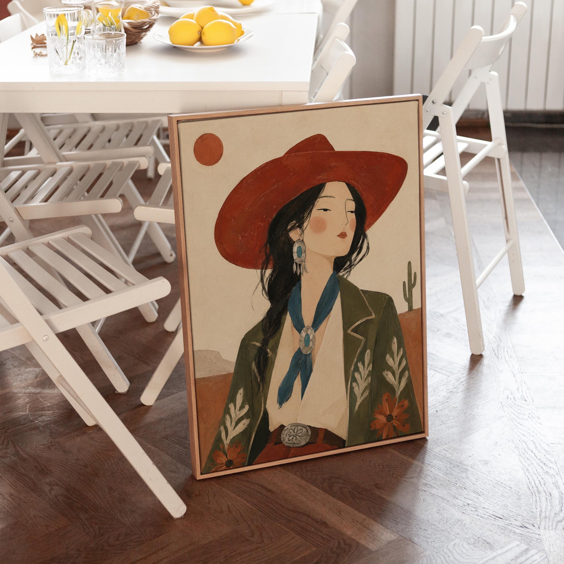 Cowgirl in a red hat and embroidered jacket with turquoise jewelry in the desert, canvas print shown to scale in a furnished room
