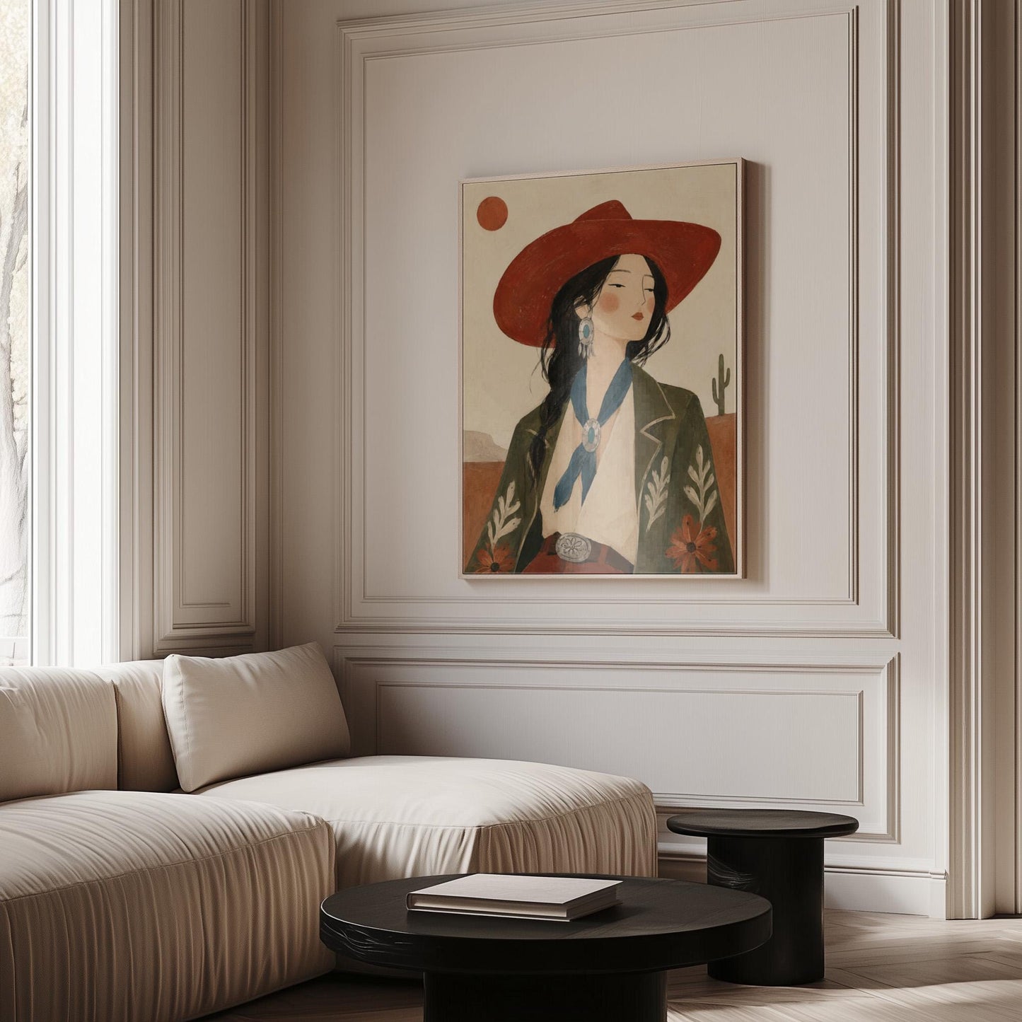 Cowgirl in a red hat and embroidered jacket with turquoise jewelry in the desert, canvas print displayed on a neutral wall in a styled interior