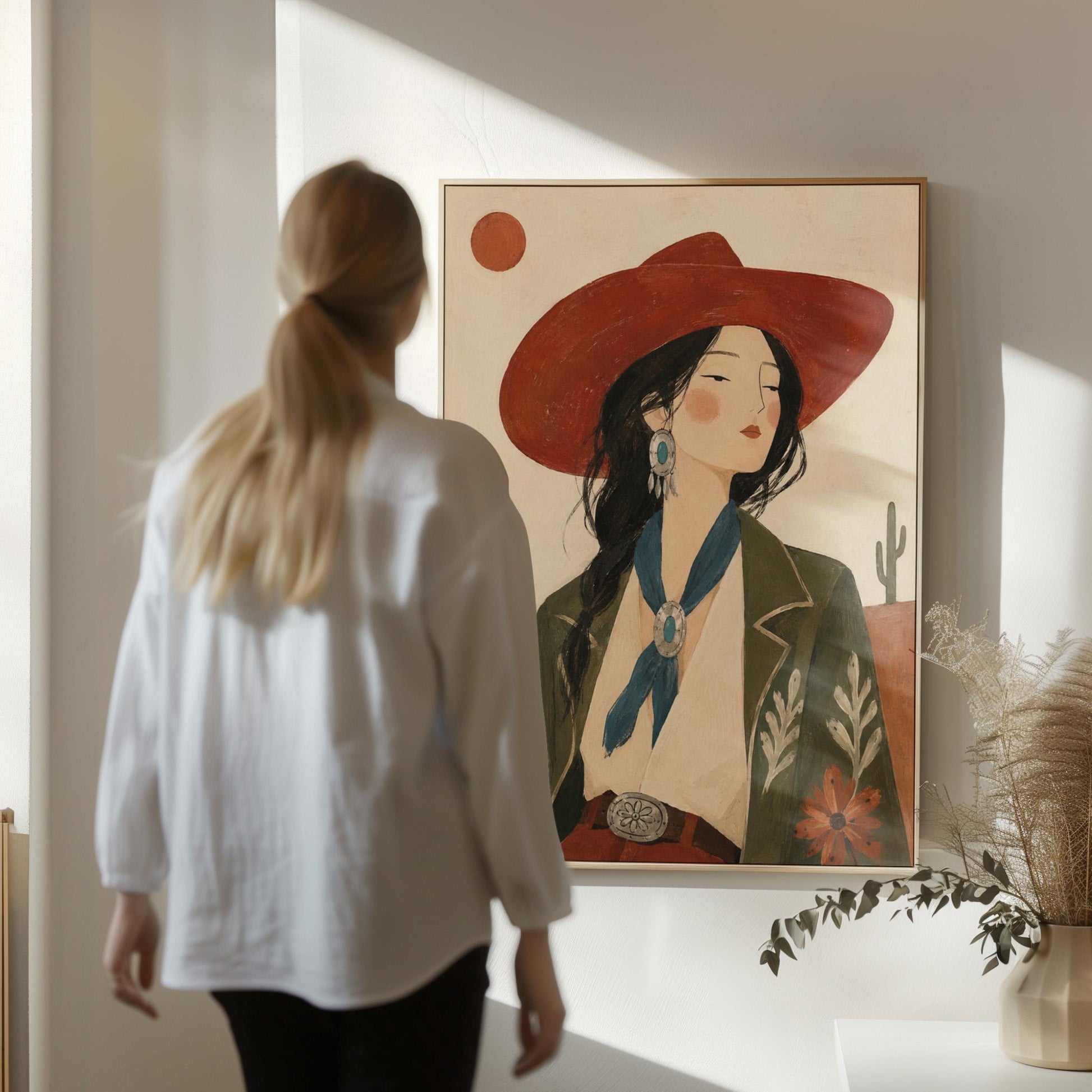 Cowgirl in a red hat and embroidered jacket with turquoise jewelry in the desert, canvas wall art hanging in a calm, modern living space