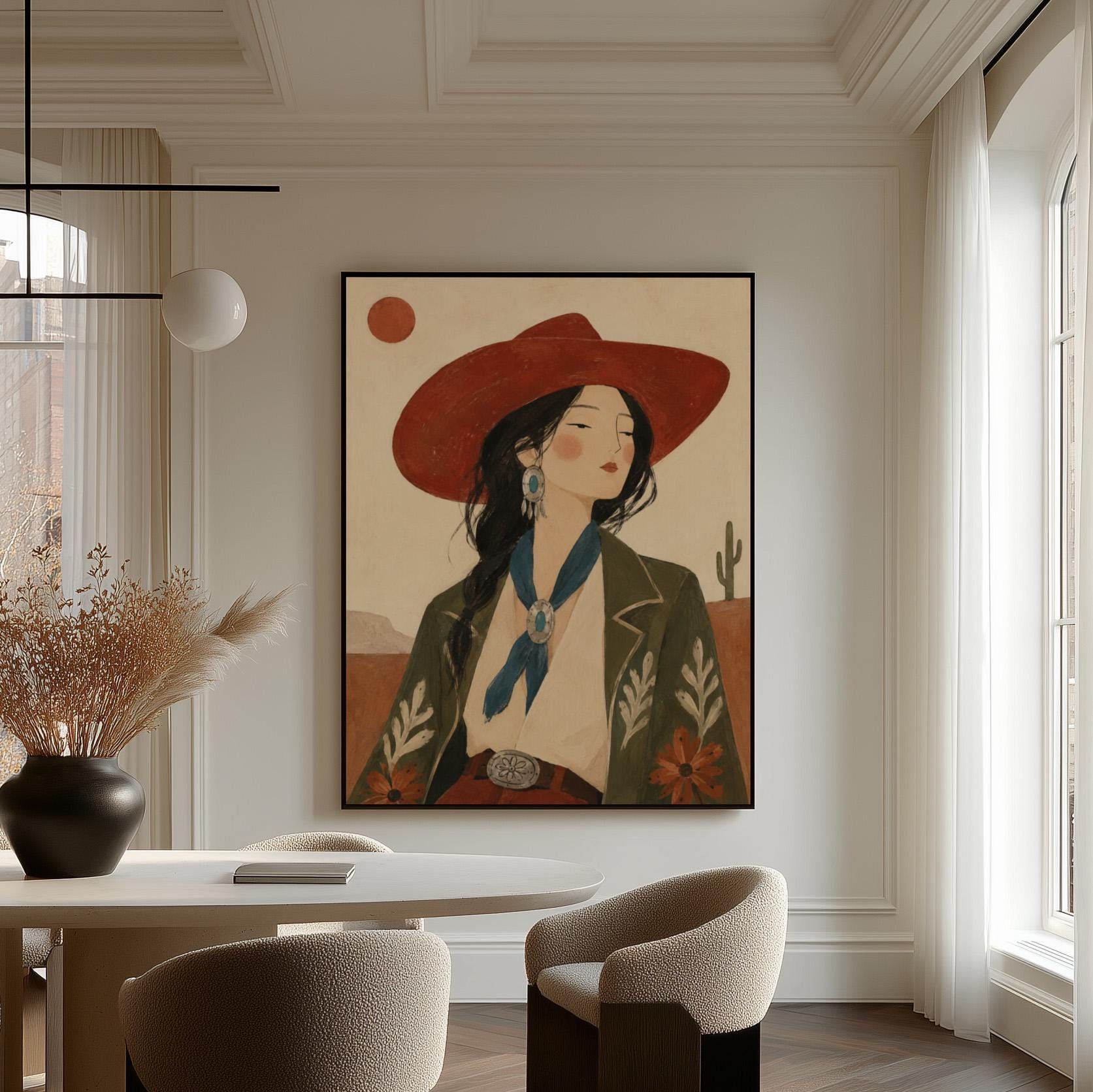 Cowgirl in a red hat and embroidered jacket with turquoise jewelry in the desert, canvas wall art presented in a light, minimal room