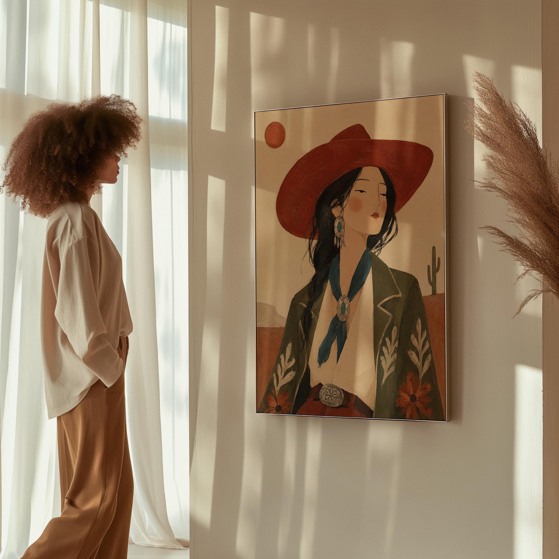 Cowgirl in a red hat and embroidered jacket with turquoise jewelry in the desert, canvas wall art on a quiet wall in a considered interior