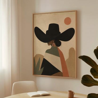 Cowgirl seen from behind in a large black hat and serape under a desert sun, canvas print shown in a sunlit, contemporary room