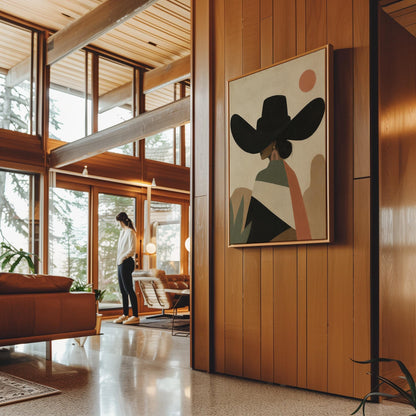 Cowgirl seen from behind in a large black hat and serape under a desert sun, canvas wall art styled against a soft white wall