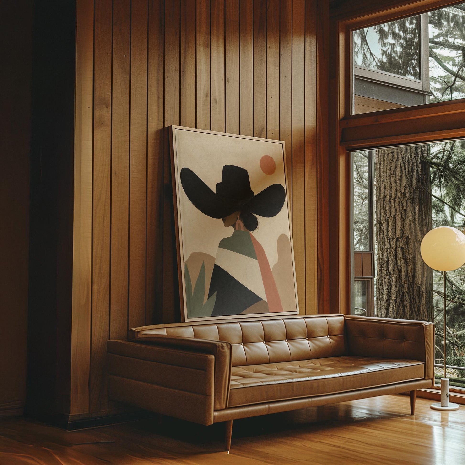 Cowgirl seen from behind in a large black hat and serape under a desert sun, canvas wall art seen in a warm interior with natural light
