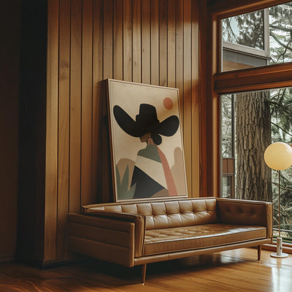 Cowgirl seen from behind in a large black hat and serape under a desert sun, canvas wall art seen in a warm interior with natural light