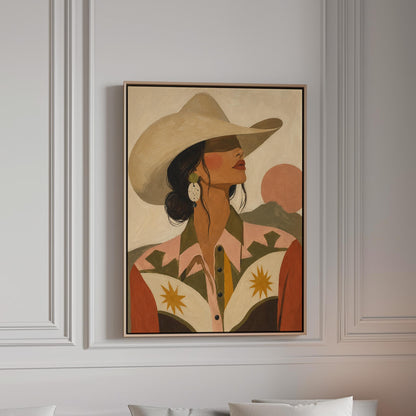 Cowgirl in profile in a cream hat and star-trimmed rodeo shirt by pink mountains, canvas print in a bright room with natural daylight