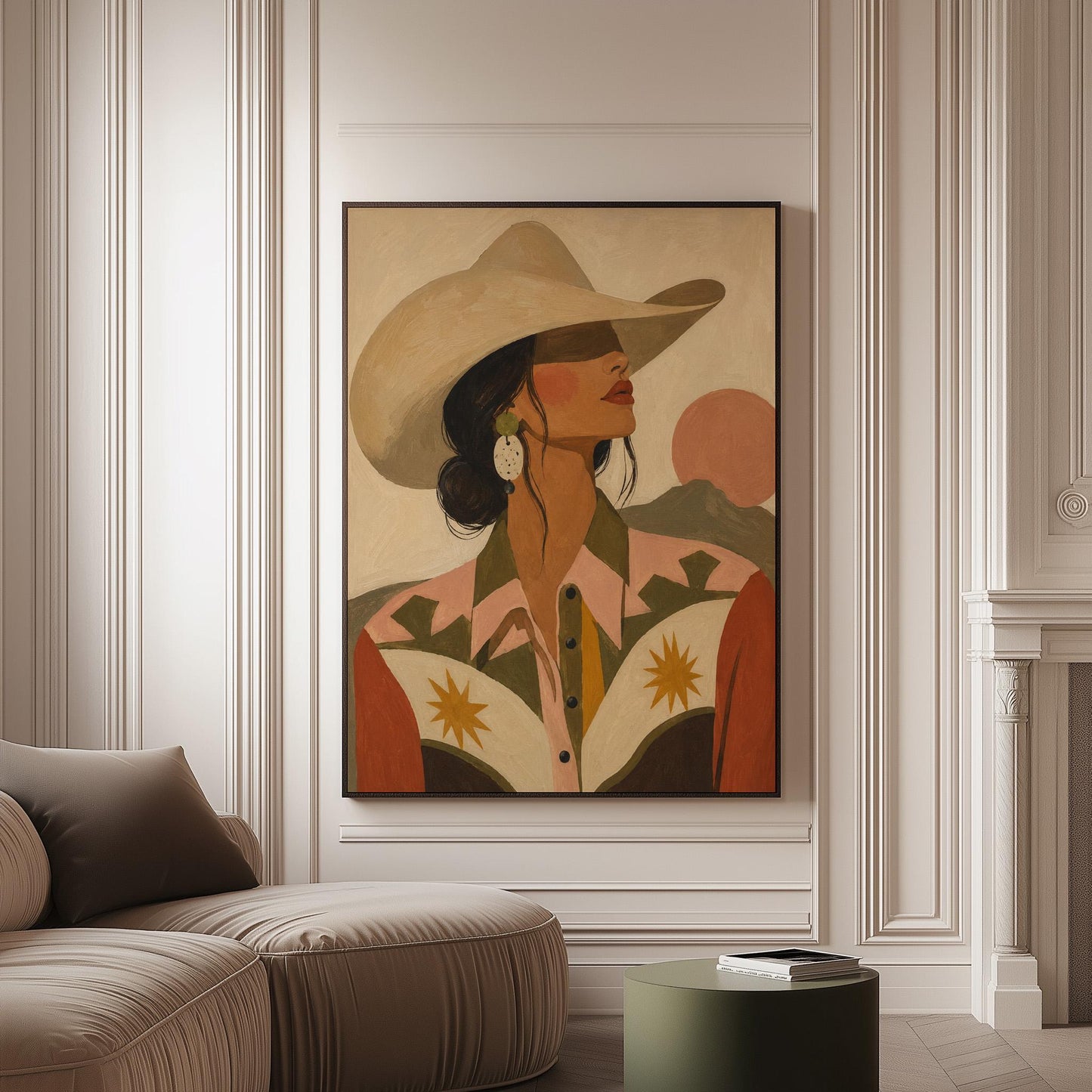 Cowgirl in profile in a cream hat and star-trimmed rodeo shirt by pink mountains, canvas print on a softly lit wall in a calm interior