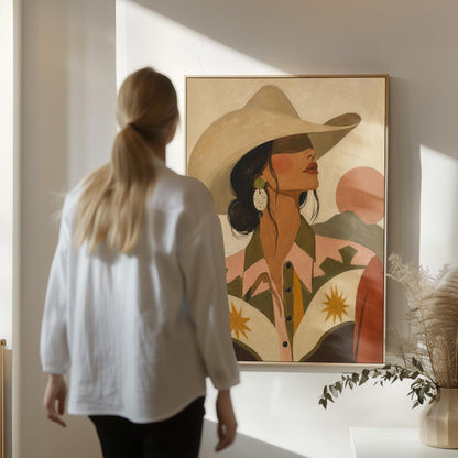 Cowgirl in profile in a cream hat and star-trimmed rodeo shirt by pink mountains, canvas print shown in a sunlit, contemporary room
