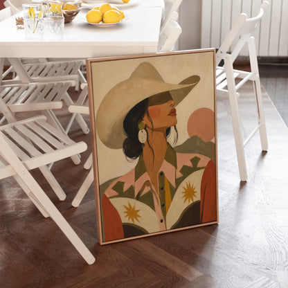 Cowgirl in profile in a cream hat and star-trimmed rodeo shirt by pink mountains, canvas wall art seen in a warm interior with natural light