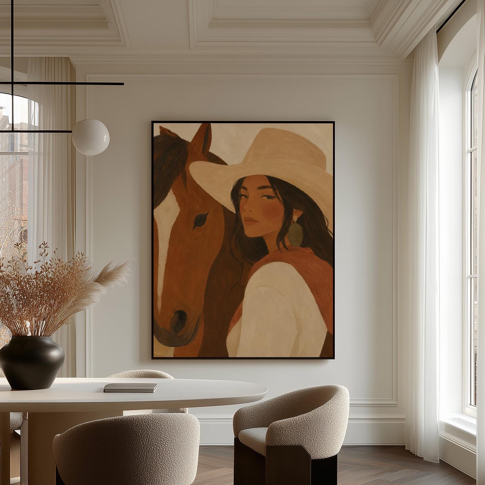 Cowgirl in a cream hat leaning cheek to cheek with a chestnut horse on warm tan, canvas print seen in a warm interior with natural light