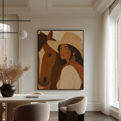 Cowgirl in a cream hat leaning cheek to cheek with a chestnut horse on warm tan, canvas print seen in a warm interior with natural light