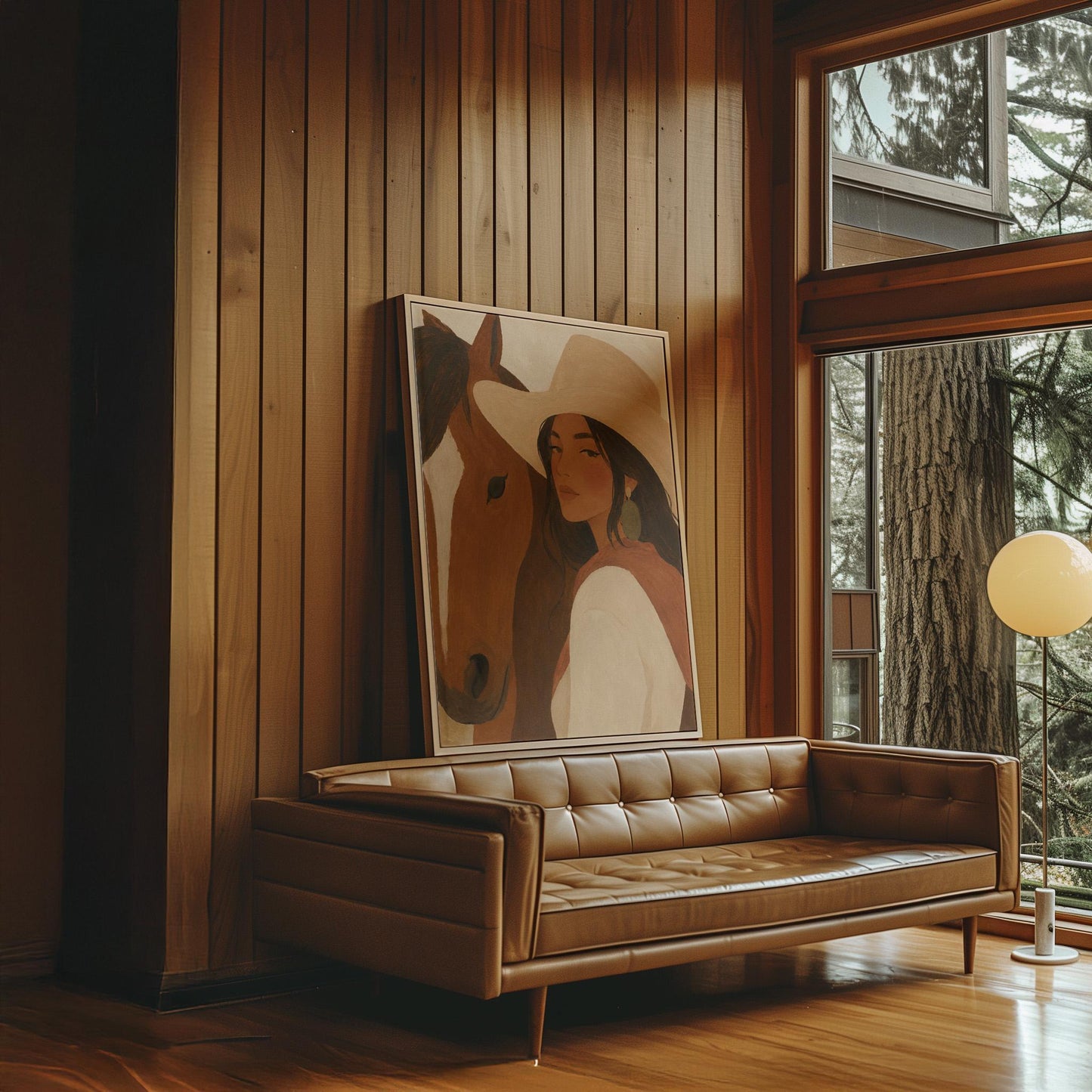 Cowgirl in a cream hat leaning cheek to cheek with a chestnut horse on warm tan, canvas print shown to scale in a furnished room
