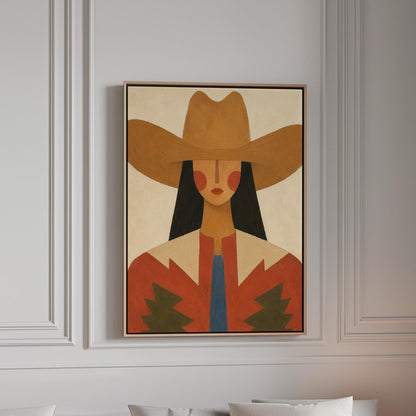 Folk cowgirl in a tan hat with rosy cheeks and a red aztec jacket on cream, canvas print in a bright room with natural daylight
