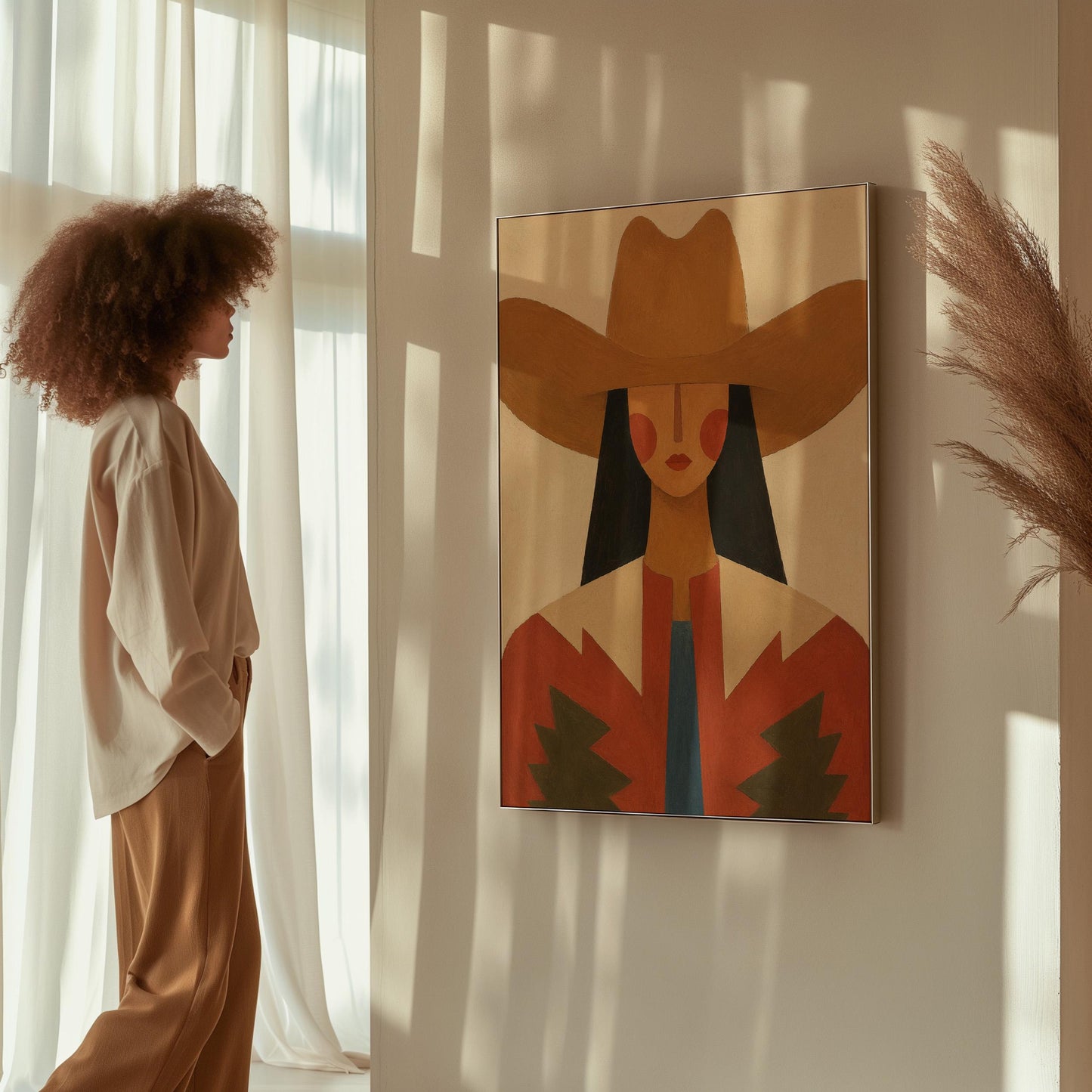 Folk cowgirl in a tan hat with rosy cheeks and a red aztec jacket on cream, canvas print seen in a warm interior with natural light