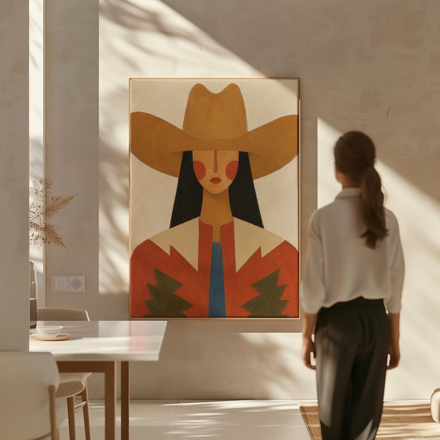 Folk cowgirl in a tan hat with rosy cheeks and a red aztec jacket on cream, canvas print presented in a light, minimal room