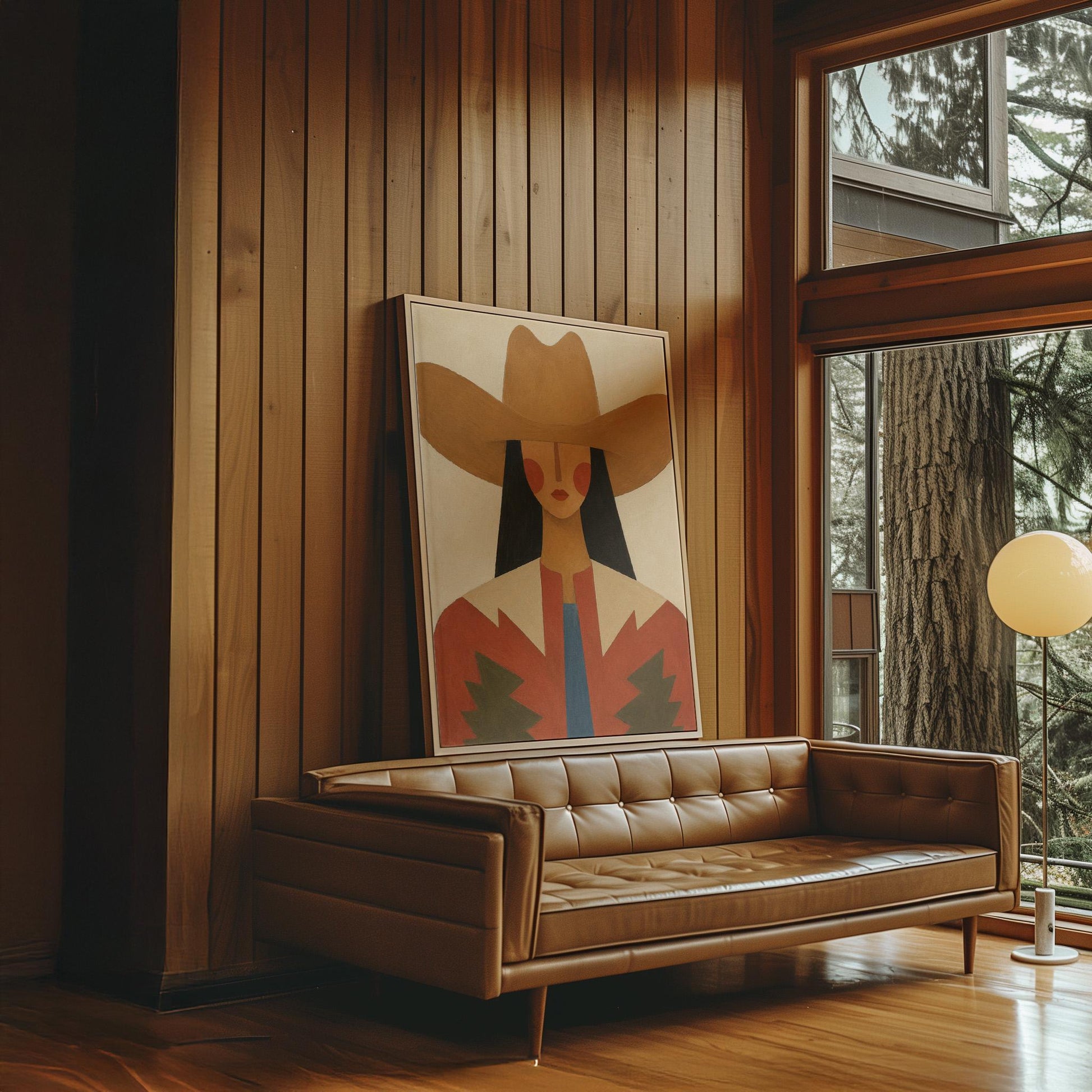 Folk cowgirl in a tan hat with rosy cheeks and a red aztec jacket on cream, canvas print shown in a sunlit, contemporary room