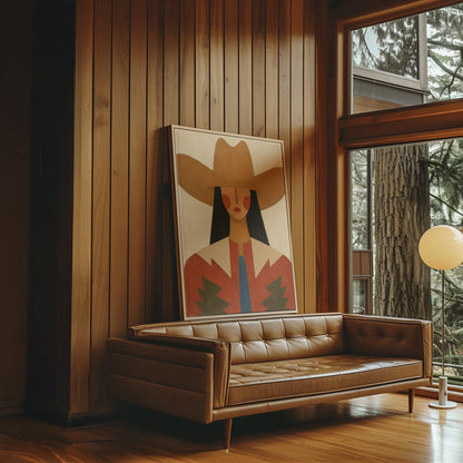 Folk cowgirl in a tan hat with rosy cheeks and a red aztec jacket on cream, canvas print shown in a sunlit, contemporary room
