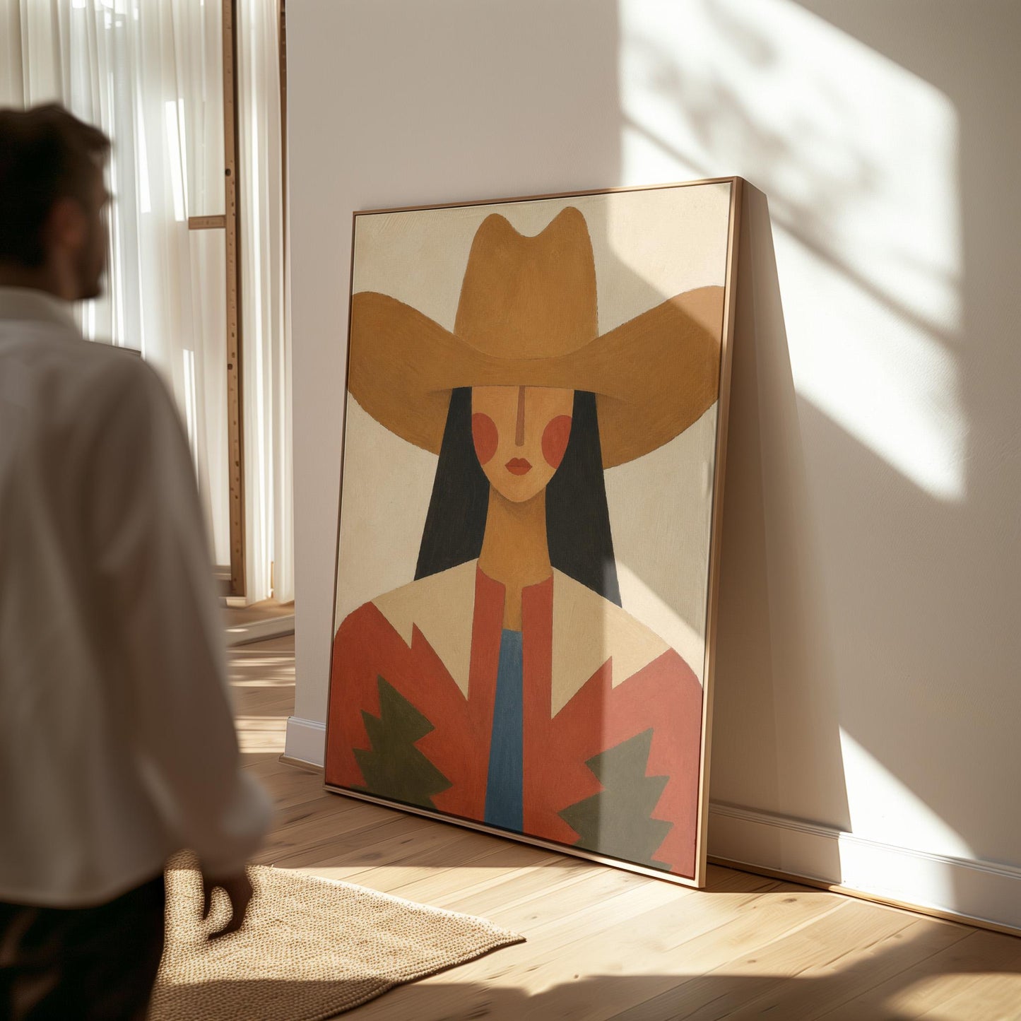 Folk cowgirl in a tan hat with rosy cheeks and a red aztec jacket on cream, canvas wall art hanging in a calm, modern living space