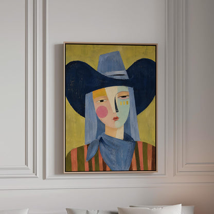 Cubist cowgirl with a big navy hat and multicolor face on olive yellow, canvas print in a bright room with natural daylight