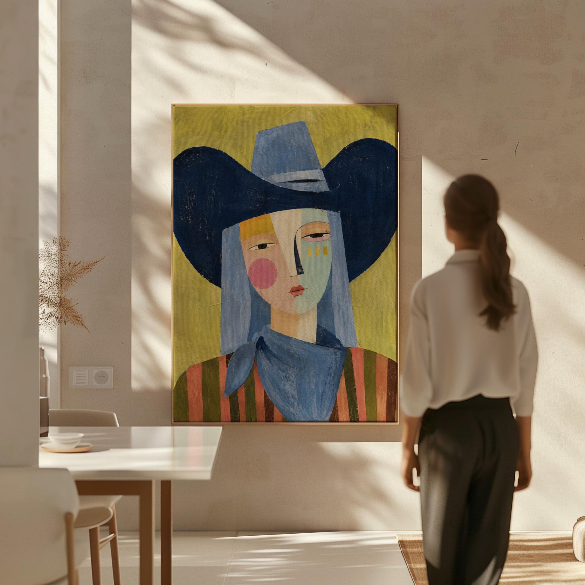 Cubist cowgirl with a big navy hat and multicolor face on olive yellow, canvas print styled against a soft white wall