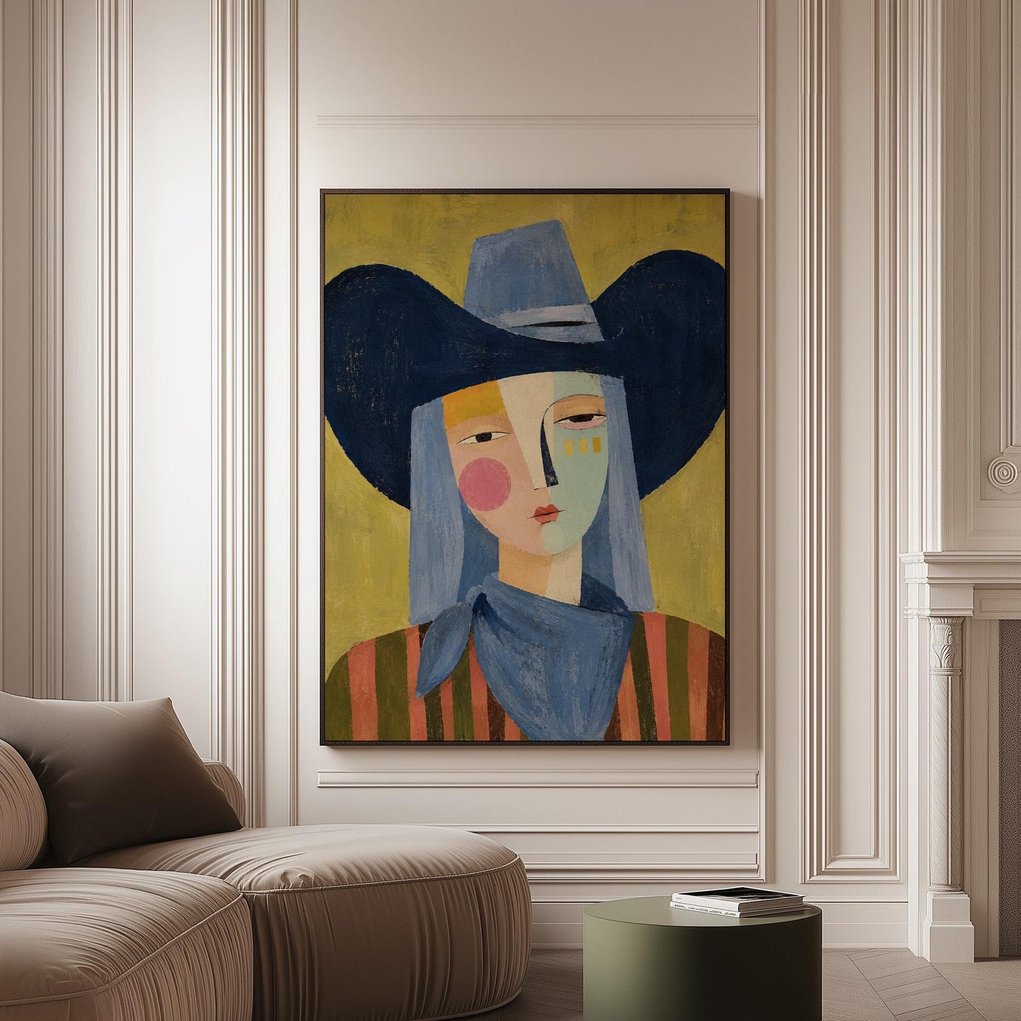 Cubist cowgirl with a big navy hat and multicolor face on olive yellow, canvas print on a softly lit wall in a calm interior