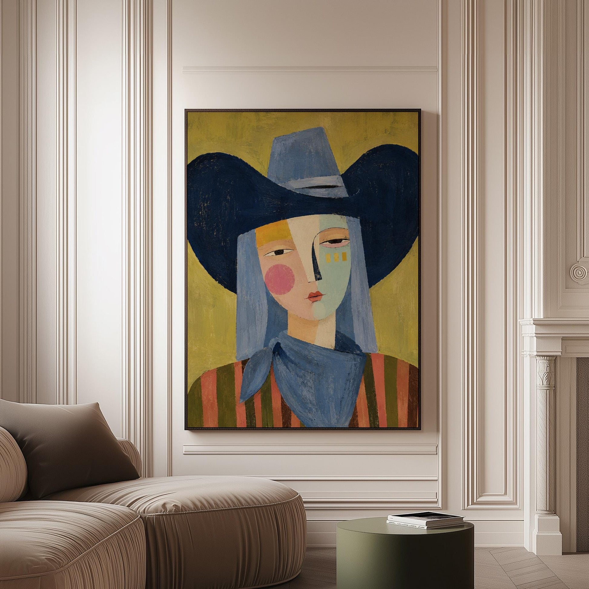 Cubist cowgirl with a big navy hat and multicolor face on olive yellow, canvas print on a softly lit wall in a calm interior