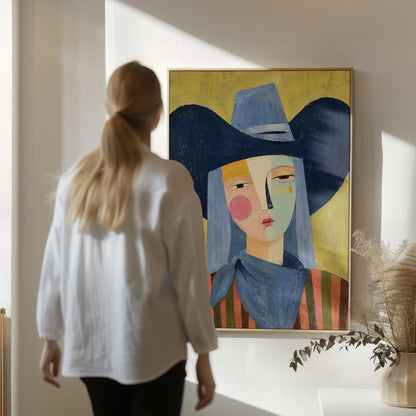 Cubist cowgirl with a big navy hat and multicolor face on olive yellow, canvas print presented in a light, minimal room