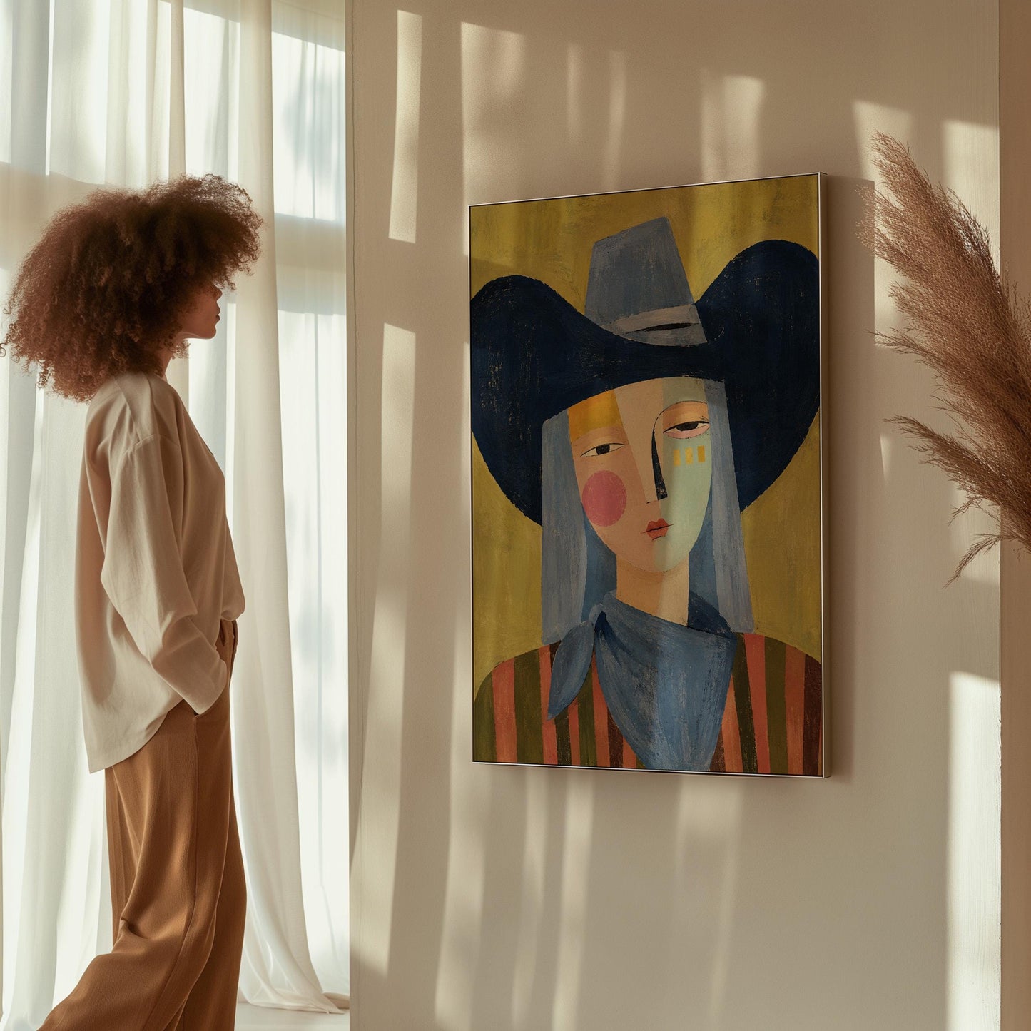Cubist cowgirl with a big navy hat and multicolor face on olive yellow, canvas print on a quiet wall in a considered interior