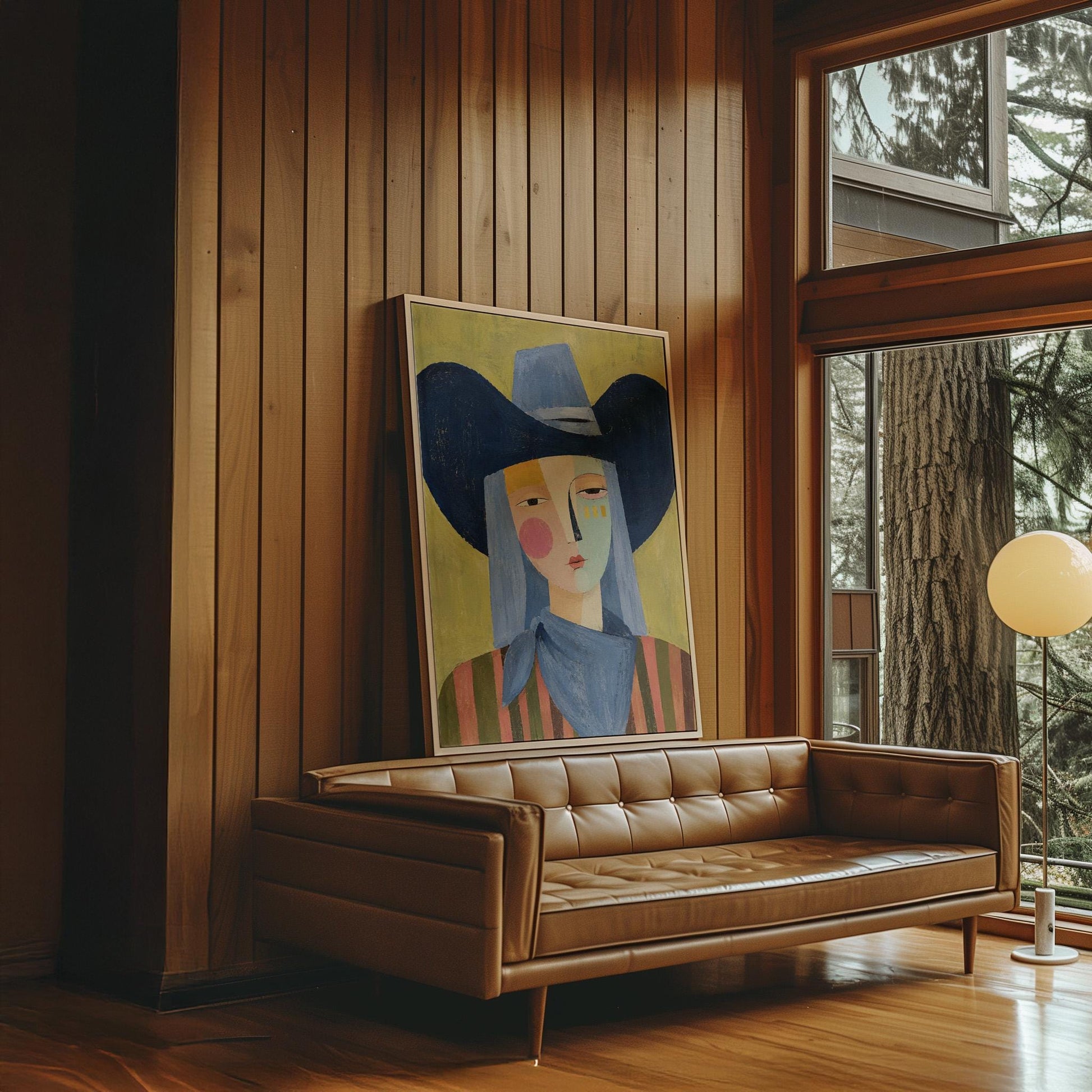 Cubist cowgirl with a big navy hat and multicolor face on olive yellow, canvas print shown to scale in a furnished room